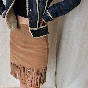 Vintage 80s Tan Brown Suede Leather Fringe Mini Skirt Boho Western Cowgirl